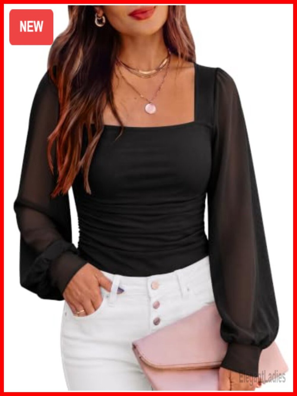 Women's Mesh Long Sleeve Square Neck Slim Fit Blouse Puff Sleeve Dressy Casual